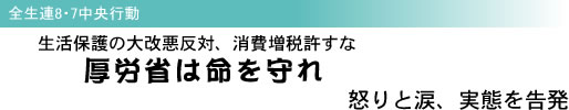 全生連8・7中央行動 生活保護の大改悪反対、消費増税許すな 厚労省は命を守れ 怒りと涙、実態を告発