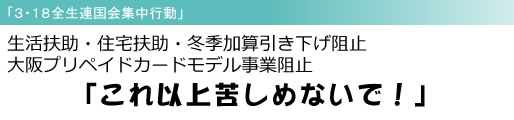 「3・18全生連国会集中行動」 生活扶助・住宅扶助・冬季加算引き下げ阻止 大阪プリペイドカードモデル事業阻止 「これ以上苦しめないで!」