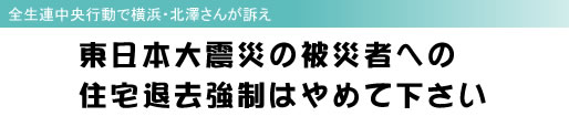 全生連中央行動で横浜・北澤さんが訴え 東日本大震災の被災者への住宅退去強制はやめて下さい