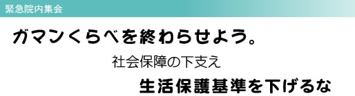 緊急院内集会 ガマンくらべを終わらせよう。 社会保障の下支え 生活保護基準を下げるな